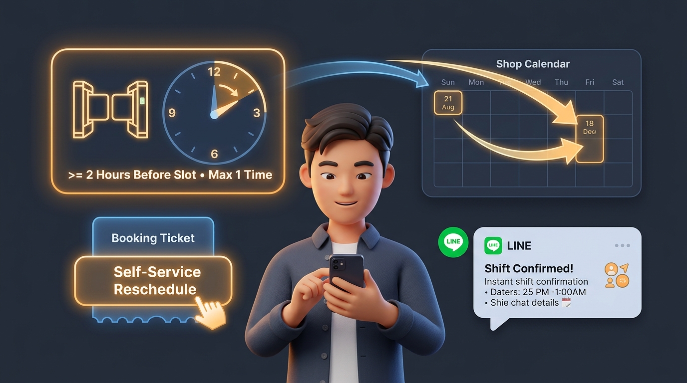 Infographic: แผนผังลูกค้าเลื่อนนัดหมายด้วยตนเอง (ก่อนเวลา >= 2 ชม.) & ซิงค์ปฏิทินร้านทันที